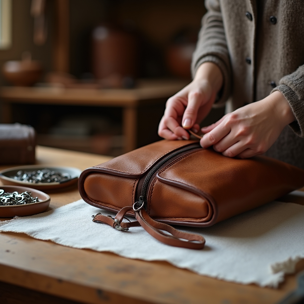 Riparazione cerniera su borsa in pelle